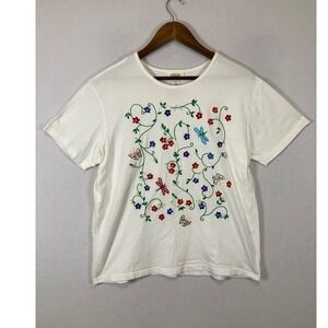 Nature Whimsical Talbots Large White Cotton Floral Butterfly Embroidered T-Shirt